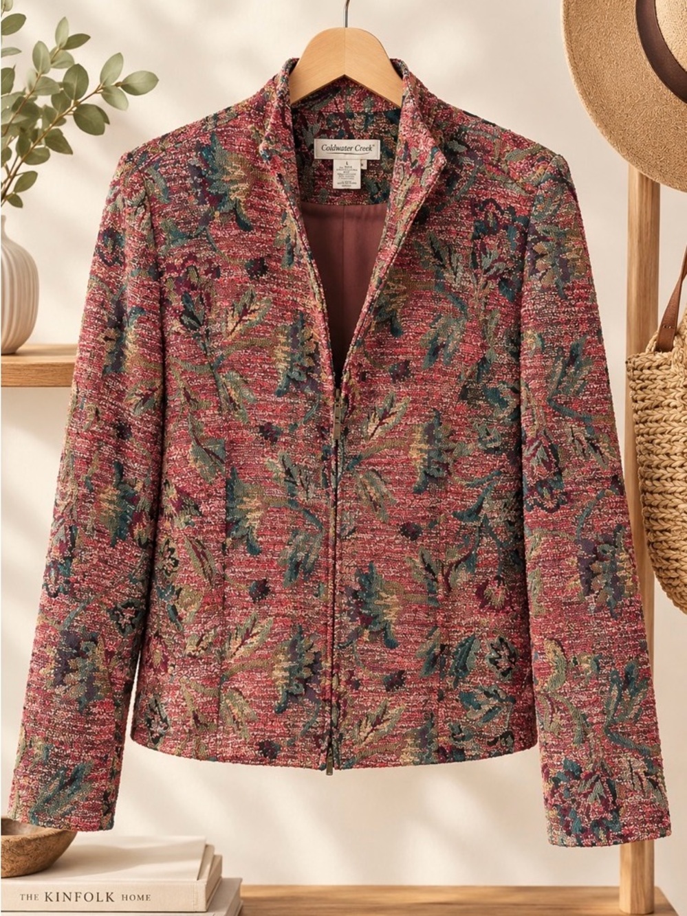 Vintage Coldwater Creek pink & green floral tapestry double zip jacket S